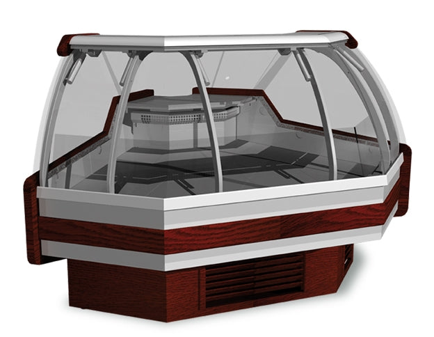 47"D Outside Corner Refrigerated Case, Lift-up Front Glass, Wood Finish