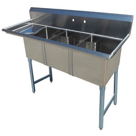 18" x 21" 3 COMPARTMENT CORNER DRAIN SINK  - Left Drainboard