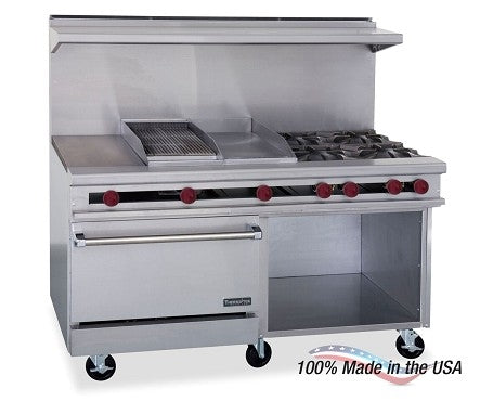 60" Gas Restaurant Range w/ 36” Griddle, 4 Open Burners, One Storage Base & One Oven