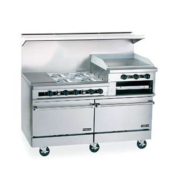 60" Gas Restaurant Range w/ Raised Griddle/Broiler, 6 Burners & 2 Storage Bases