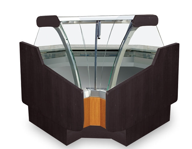 47"D Inside Corner Refrigerated Case, Lift-up Front Glass, Wood Finish